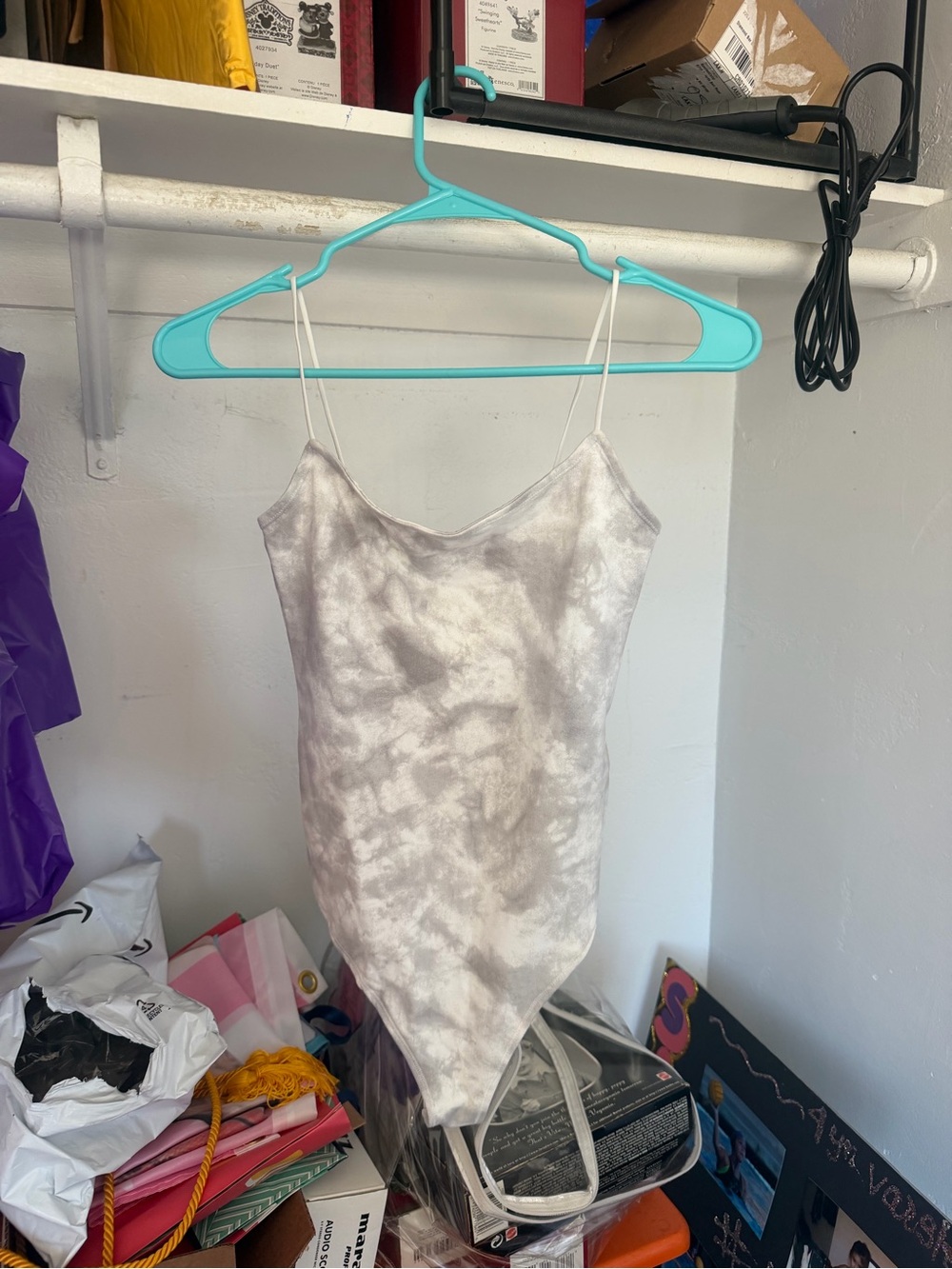 Tie-Dye Grey and White Spaghetti Strap Bodysuit